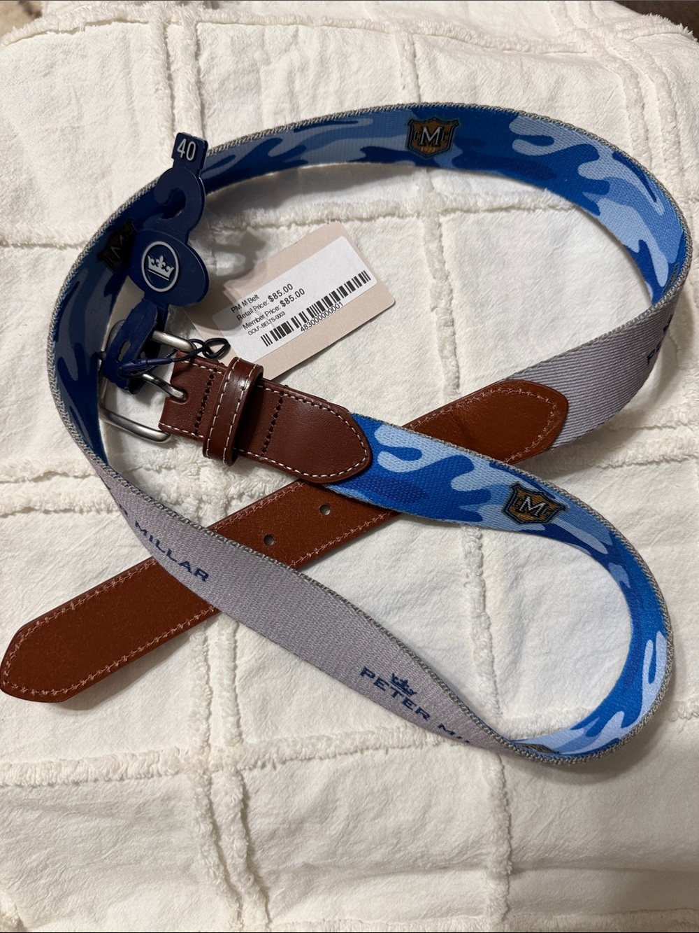 Peter Millar Blue Camo Web Belt with Brown Leather Trim